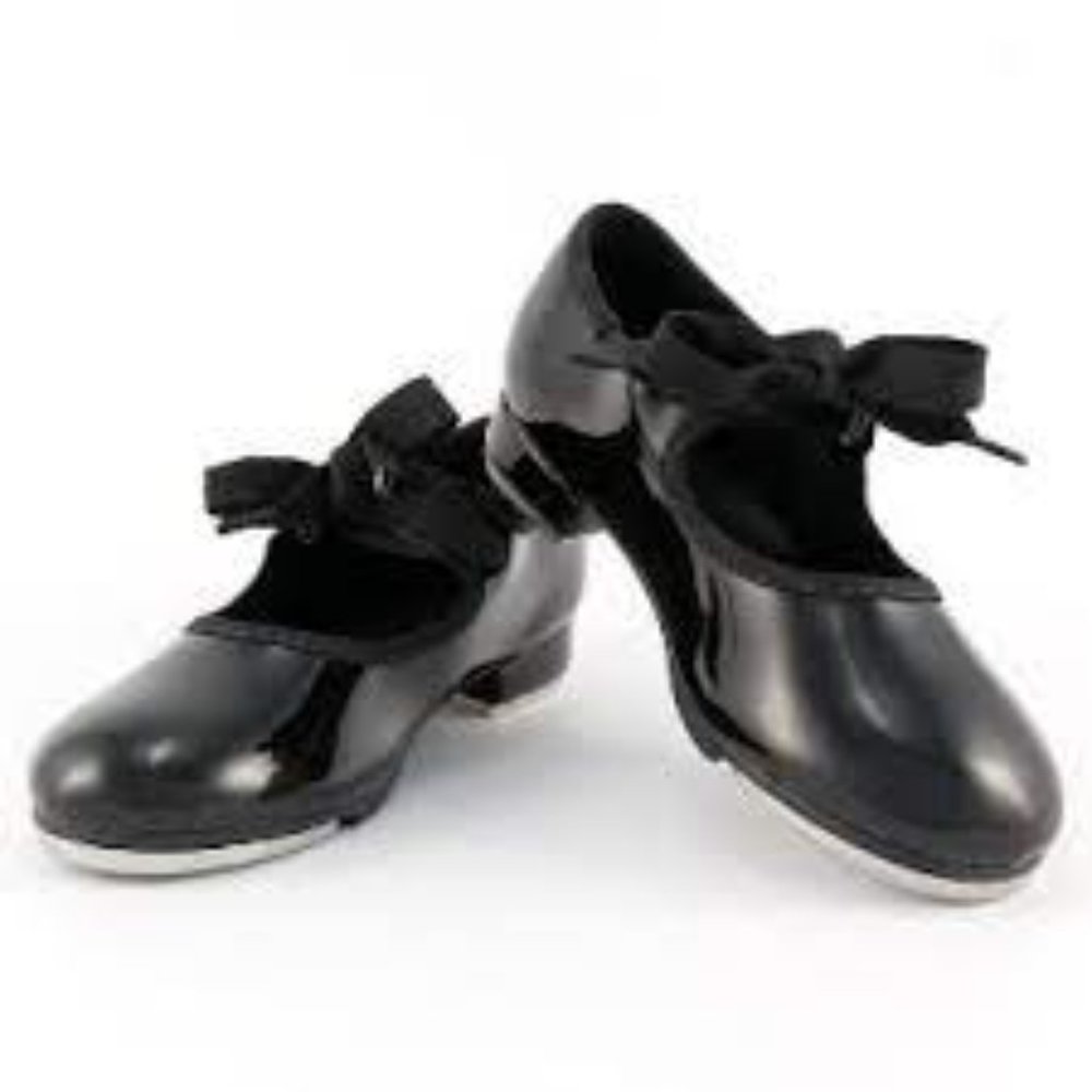 SoDanca toddler tap shoes black patent elastic + ribbon close 5, 5.5, 6, 6.5, 7